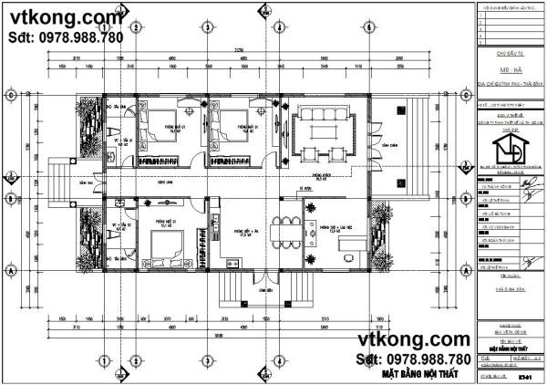 Mặt bằng bố trí nội thất mẫu nhà thái 1 tầng BT1T7
