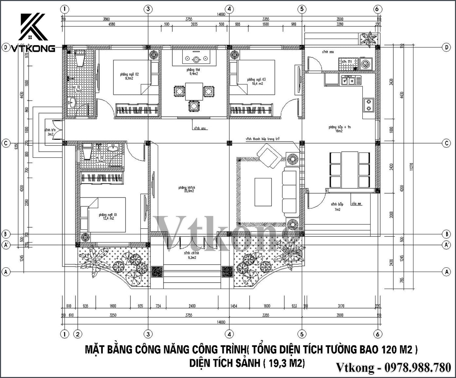 Mặt Bằng Công Năng Mẫu Nhà Đẹp 9X15M 1 Tầng 3 Phòng Ngủ Hiện Đại Mat Bang Noi That Mau Nha Dep 9X15M Bt1T37
