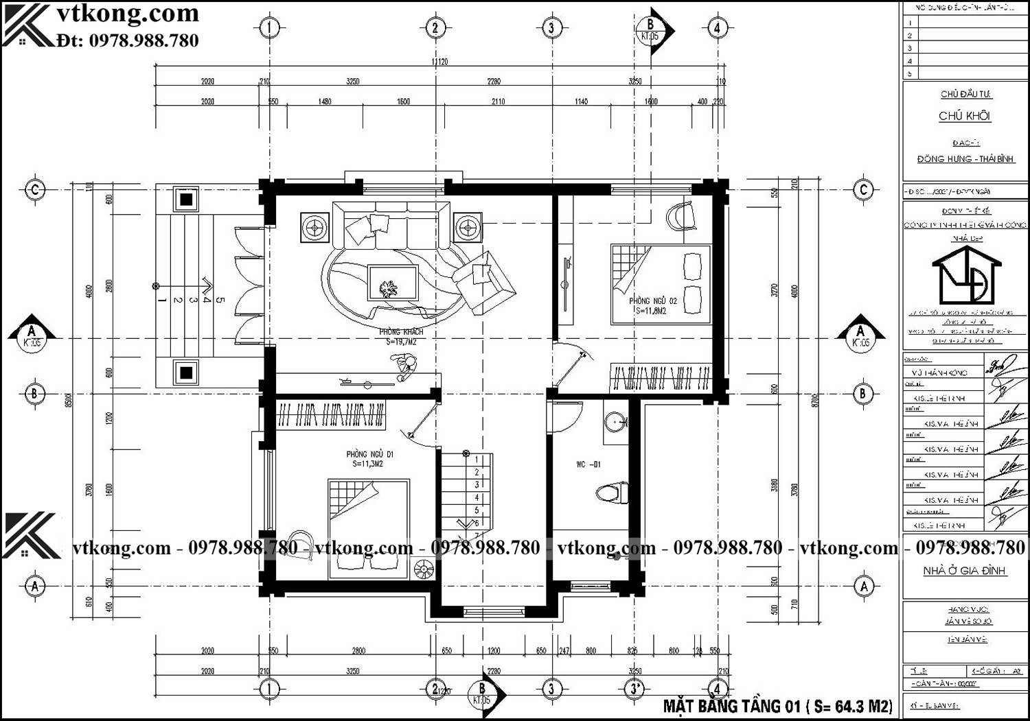 Bản vẽ chi tiết tầng 1 của biệt thự 2 tầng mái Nhật 9x9m