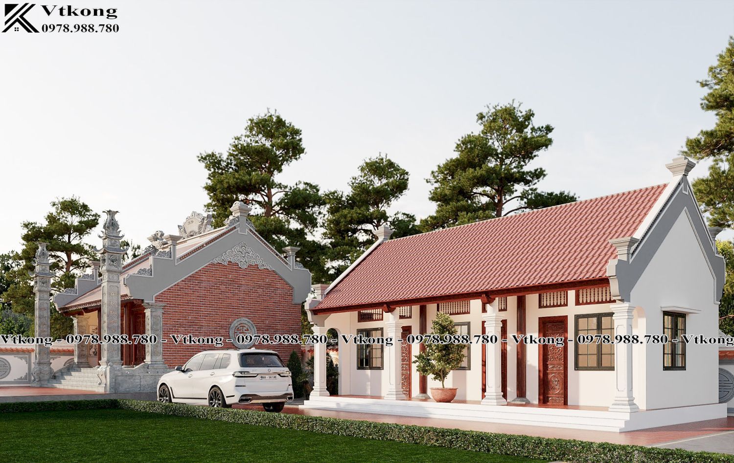 Mẫu Nhà Thờ Họ Và Nhà Ở Được Thiết Kế Nằm Ngang Toàn Vẹn Nha-Tho-Ho-3-Gian-2-Mai-8X8M-Nth28-Dep