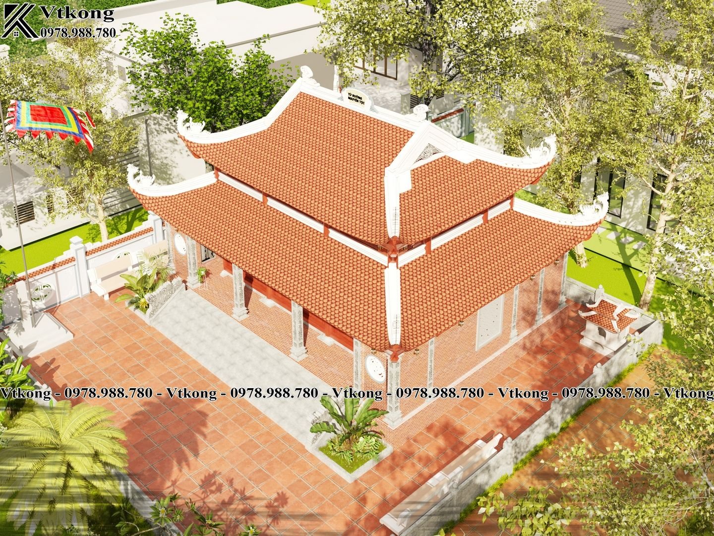 Công Trình Nhà Thờ Họ Nổi Bật Với Thiết Kế Mái Cong Lợp Ngói Đỏ Đậm Chất Truyền Thống Phoi-Canh-Nha-Tho-Ho-8-Mai