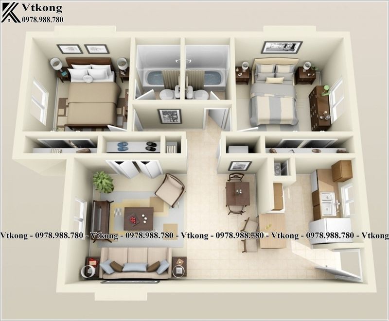 Mặt Bằng Biệt Thự 1 Tầng 2 Phòng Ngủ Diện Tích 70M2