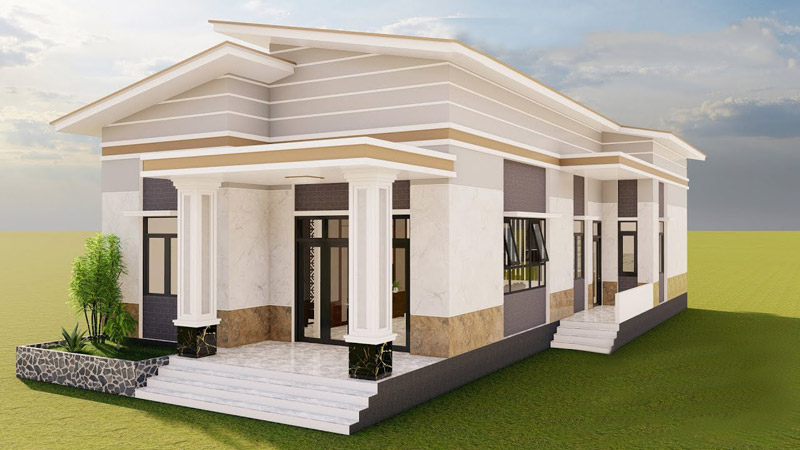 Mẫu Nhà Cấp 4 Mái Lệch 3 Phòng Ngủ Phong Cách Cổ Điển