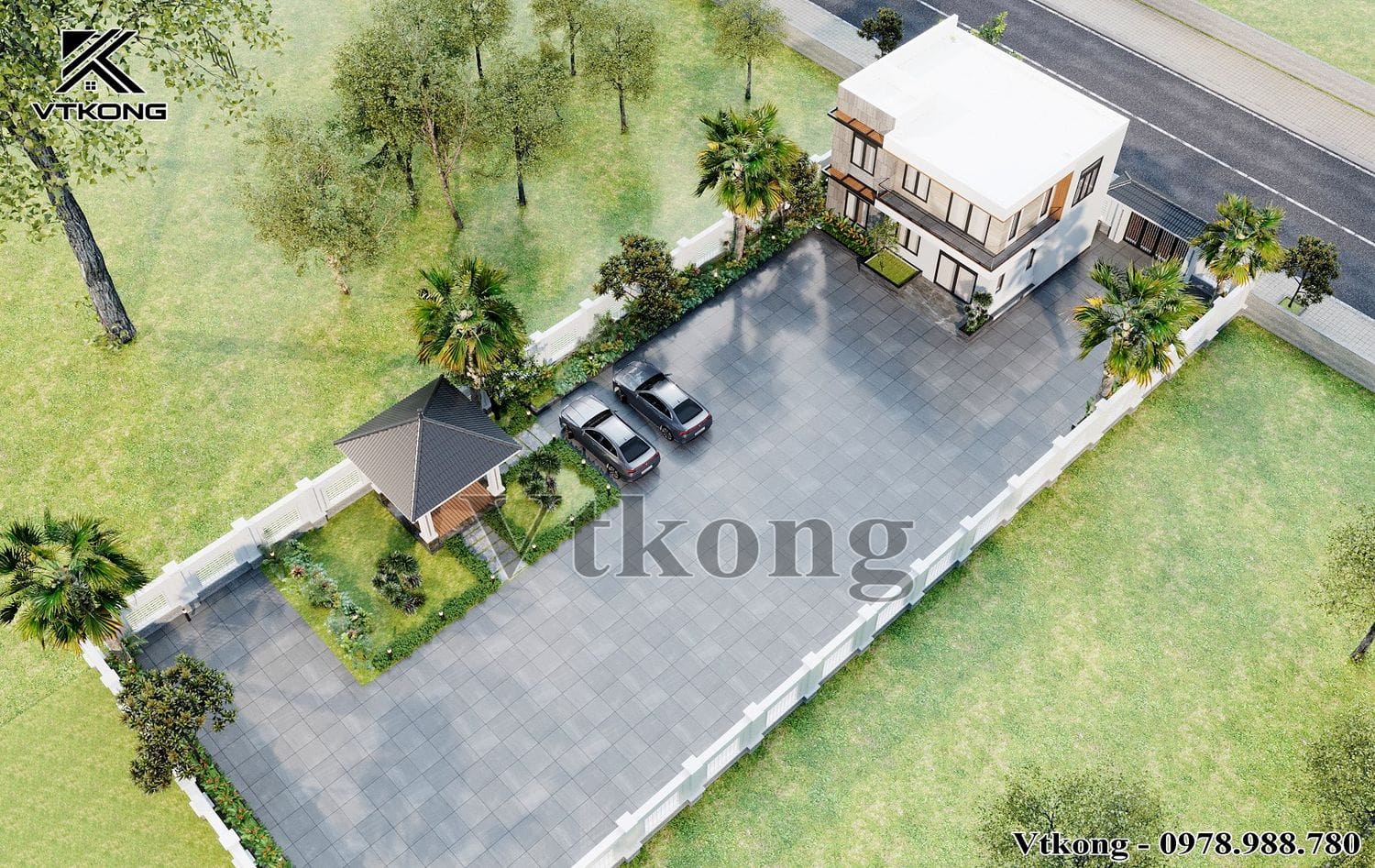 Phối Cảnh Tổng Thể Cả Sân Vườn Biệt Thự 2 Tầng Mái Bằng 12X9M Tại Thái Bình Phoi Canh Tong The San Vuon Biet Thu 2 Tang Mai Bang 12X9M Bt2T56