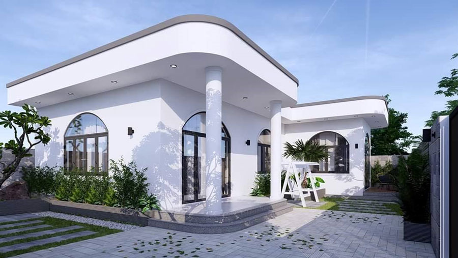 Mẫu Nhà Cấp 4 Chữ L 2 Phòng Ngủ Mái Bằng Tối Giản
