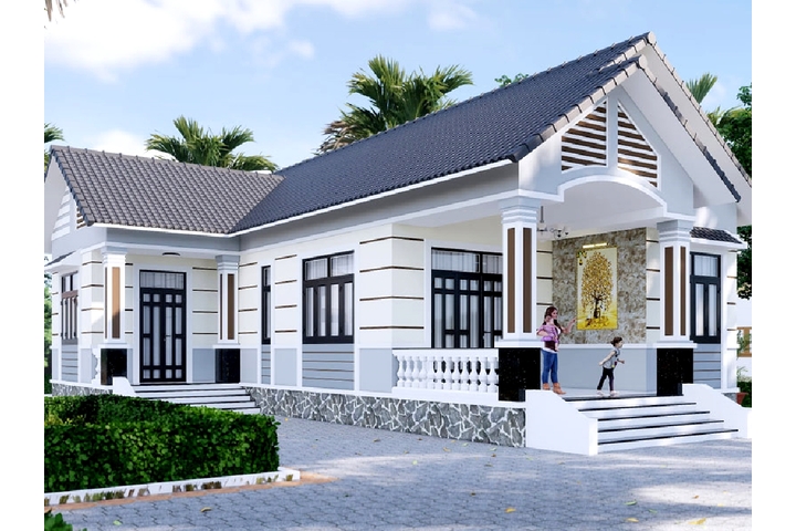 Mẫu Nhà Cấp 4 Chữ L 2 Phòng Ngủ Hiện Đại Với Mái Thái