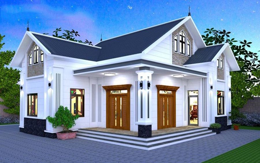 Mẫu Nhà Cấp 4 Chữ L 2 Phòng Ngủ Hiện Đại Với Mái Thái